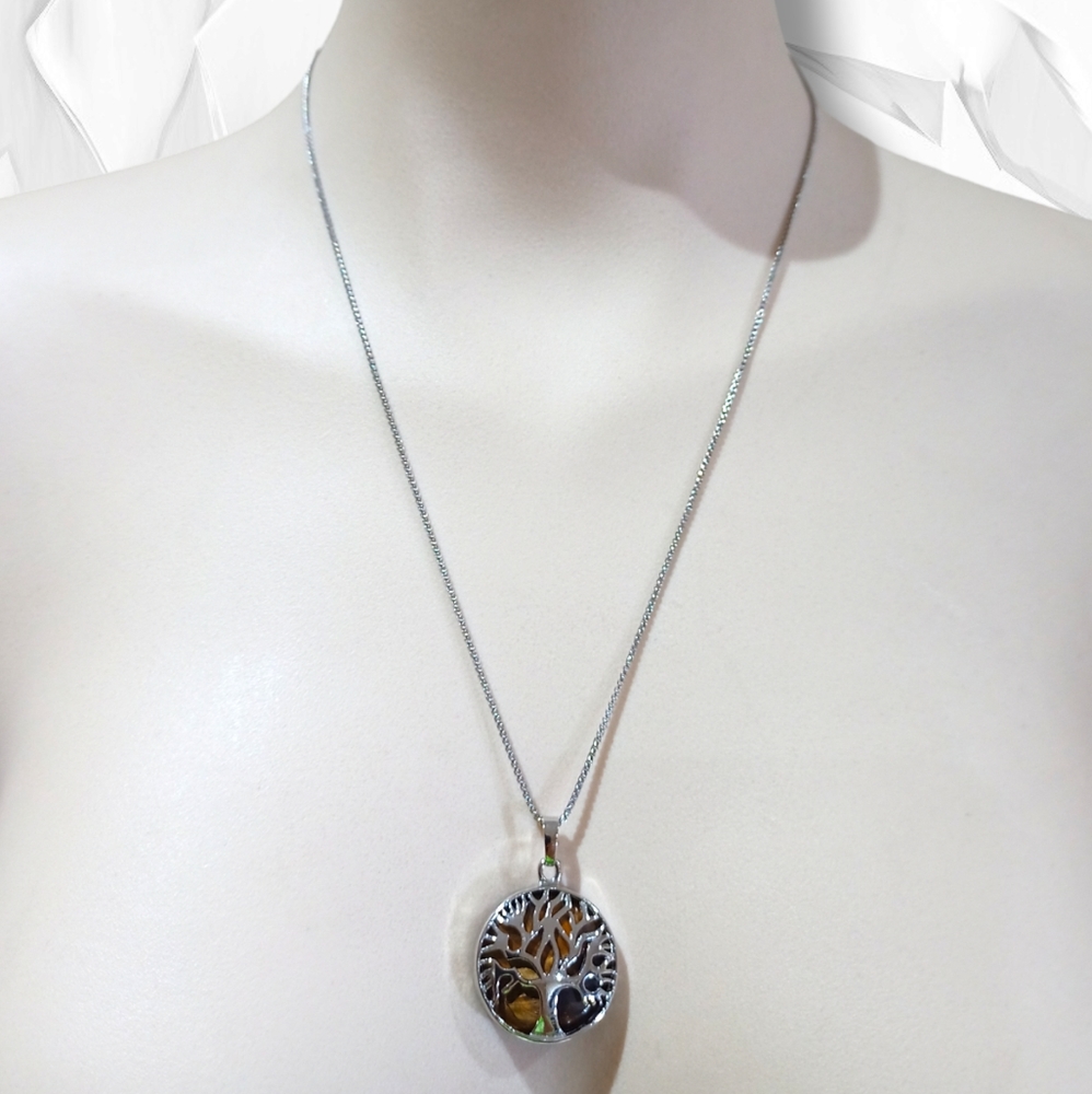 Stainless Steel Necklace Reversible Tree Of Life/Tiger's Eye Gemstone Pendant